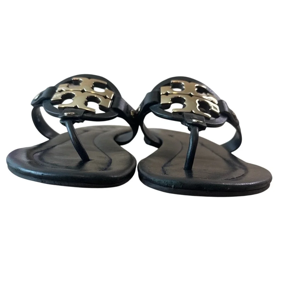 Tory Burch Miller Metal Logo Sandals Perfect Black Gold Leather Size 8